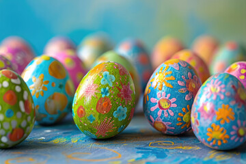 Wall Mural - colorful Easter eggs arranged on blue tablet 