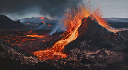 Wall Mural - Volcanic eruption with lava flows - inferno on the earth
