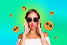 Photo Creative Collage Young Pretty Stylish Girl Send Kisses Lipstick Lips Emoji Flirty Reaction Sunglass Iphone Smiley Emoji