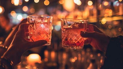 Wall Mural - Two hands holding glasses with drinks, set against a backdrop of a bar with glowing neon lights.