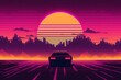 Retrowave Sunset Drive: Vintage Car Silhouetted Against a Nostalgic Horizon. 