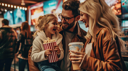 Wall Mural - Joyful family of three is sharing a moment at the cinema lobby