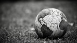 Fototapeta Sport - Worn cracked Ball Earth Globe on Grass Symbol of Global Crisis. monochrome image capturing a weathered soccer ball on grass, depicting neglect and wear as a metaphor for global crisis.