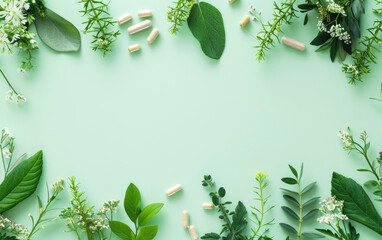 Wall Mural - Herbal medicine in capsules made from herb leaves, top view