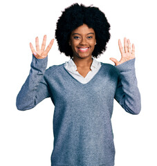 Wall Mural - Young african american woman wearing business clothes showing and pointing up with fingers number nine while smiling confident and happy.