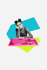 Sticker - Vertical collage image of unsatisfied bored black white effect girl computer keyboard isolated on drawing background