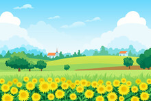 Beautiful Rustic Sunflower Landscape With A Backdrop Of Green Fields And Meadows, Hills, Trees, Houses, A Farm And An Amazing Blue Sky With Stunning Clouds. Vector Illustration For Design.