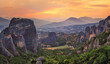 View of Meteora, a rock formation with a complex of Orthodox Monastery in the regional unit of Trikala, Thessaly, Greece.