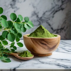 Ayurvedic Herbal medicine of moringa leaf powder in a wooden bowl