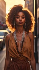 beautiful African American woman on a city street before sunset