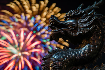 Wall Mural - Chinese New Year background with dragon and fireworks in the sky. 