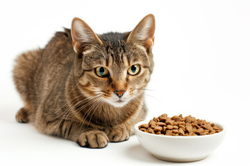 Beautiful cute adorable gray shorthair cat with expressive eyes sitting near a bowl of cat food on a white background.