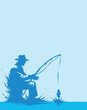 vector background with a stencil pattern of a fisherman sitting on the shore catching fish