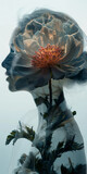 Mulher com dupla exposição com flores de peonia - Arte abstrata 