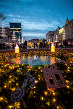 View Of Mandusevac Fountain On Zagreb Main Square During Advent In Croatia.