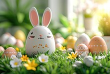 Easter Decorative 3d Background With Funny Bunny And Eggs On Grass