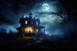 Halloween background with haunted house and full moon. Halloween concept, An eerie full moon shining over a haunted house, AI Generated