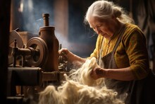 An Older Woman Sits At A Spinning Machine, Skillfully Working With The Spinning Wheel In A Traditional Workshop, A Woman Spinning Organic Wool Into Yarn, AI Generated