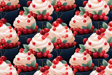 Seamless Pattern With Festive Cupcakes Muffins With Cream And Red Berries On Dark Background