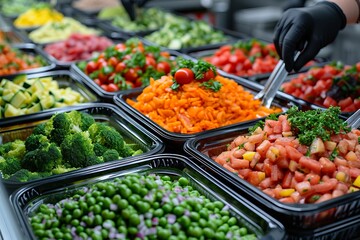 A buffet worker at a hotel with a halal kitchen buffet wearing protective gloves prepares a variety of salads and side dishes, placing the ingredients in large black containers. Concept: catering 