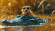 A crocodile is swimming in the river and a meerkat is standing on the back of the crocodile