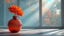 A Photo Red And Orange Vase With A Flower In It Is Sitting On A Table In Front Of A Window