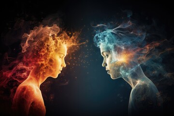 two women face each other as colorful smoke billows out from their faces, an abstract representation