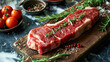 A delicious raw steak, laid out on a structured wooden board with a plentiful marble pattern
