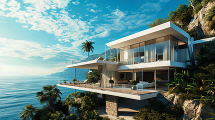 Sticker - A luxurious mansion built into the coastal landscape with panoramic windows offering a fascinating