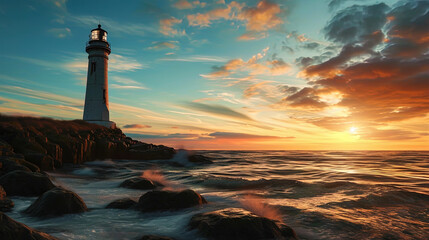 A photograph of a lighthouse at a magic hour, when the sky goes from blue to orangepink shades