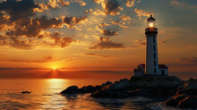 A Picture Of A Lighthouse Doused With Orange Light Of Sunset, With The Radiation Of Comfort And Tr