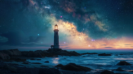 Wall Mural - Photo of a lighthouse on the background of a strip of starry sky, creating a feeling of endless co