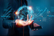 © teerawat - Businessman holding hologram of Global business network connection, Analyzation big data and business intelligence concept, Global business and digital link tech.