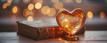 A Polished Golden Heart Sits Glowing On A Pedestal Accompanied By A Book, Symbols Of Love And Wisdom In A Dreamlike Setting