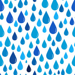 Poster - Rainy seamless pattern. Blue raindrops on white background. Vector decoration