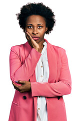 Sticker - African american woman with afro hair wearing business jacket thinking looking tired and bored with depression problems with crossed arms.