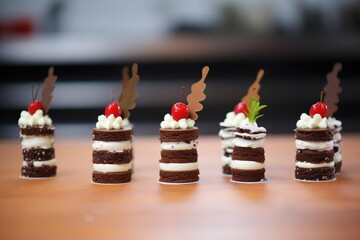 individual mini black forest cakes in a row