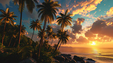 Tropical Dawn, Where Palm Trees Dance Under The First Rays Of Morning Light