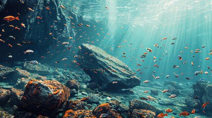 Wall Mural - Underwater art object from cauld cascades, surrounded by many floating fish