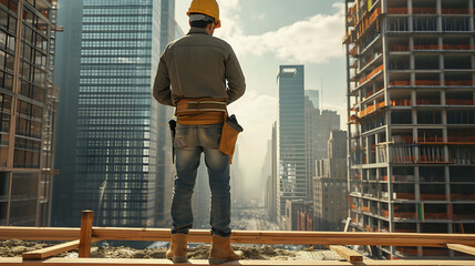 n architect, mid-30s, standing on a construction site in hard hat and boots, gazing at a half-built skyscraper with intense focus. professional people- capturing the world of work.