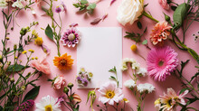 Blank Paper Card Mockup With Plenty Of Spring Flowers On Pink Background. Design Greeting Card Concept. Generative AI