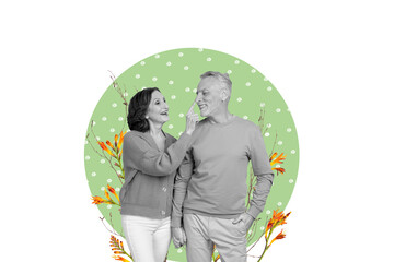 Sticker - Collage portrait of two lovely aged black white effect partners hold arms touch nose fresh flowers isolated on creative background