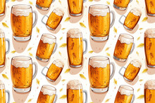 Seamless Pattern With Golden Light Beer Mugs On White Background