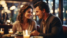 Valentine's Day Dinner As A Ritual Of Declaration Of Love. Mutual Admiration And Warmth Fill The Entire Restaurant. Romantic Moments. Love And Romance For Valentine's Day