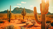Close-up Of Different Cacti Against A Desert Background. Sweltering Heat. Desert Landscape. Generative AI