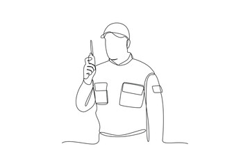 Wall Mural - Single continuous line drawing of young soldier is hold the weapon carefully. Professional work job occupation. Minimalism concept one line draw graphic design vector illustration