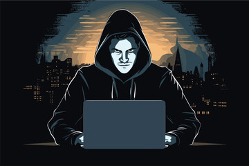 Hacker writing binary codes in the dark web, Computer hacker silhouette hoodie and mask hides his face