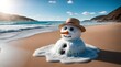 a snowman on beach beginning to melt