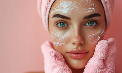 serene spa day portrait of an attractive lady with facial treatment on her skin