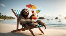 A Sloth Relaxing On A Beach Chair With A Natural Drink Or Cocktail
